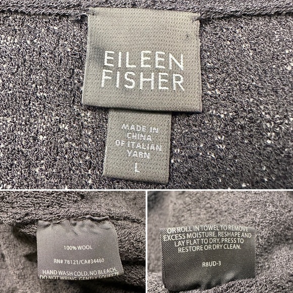 Eileen Fisher L Black Wool Midi Dress Textured Knit Wrap V-Neck Size Large - Picture 6 of 10